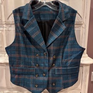 Blue Plaid Double-Breasted Vest